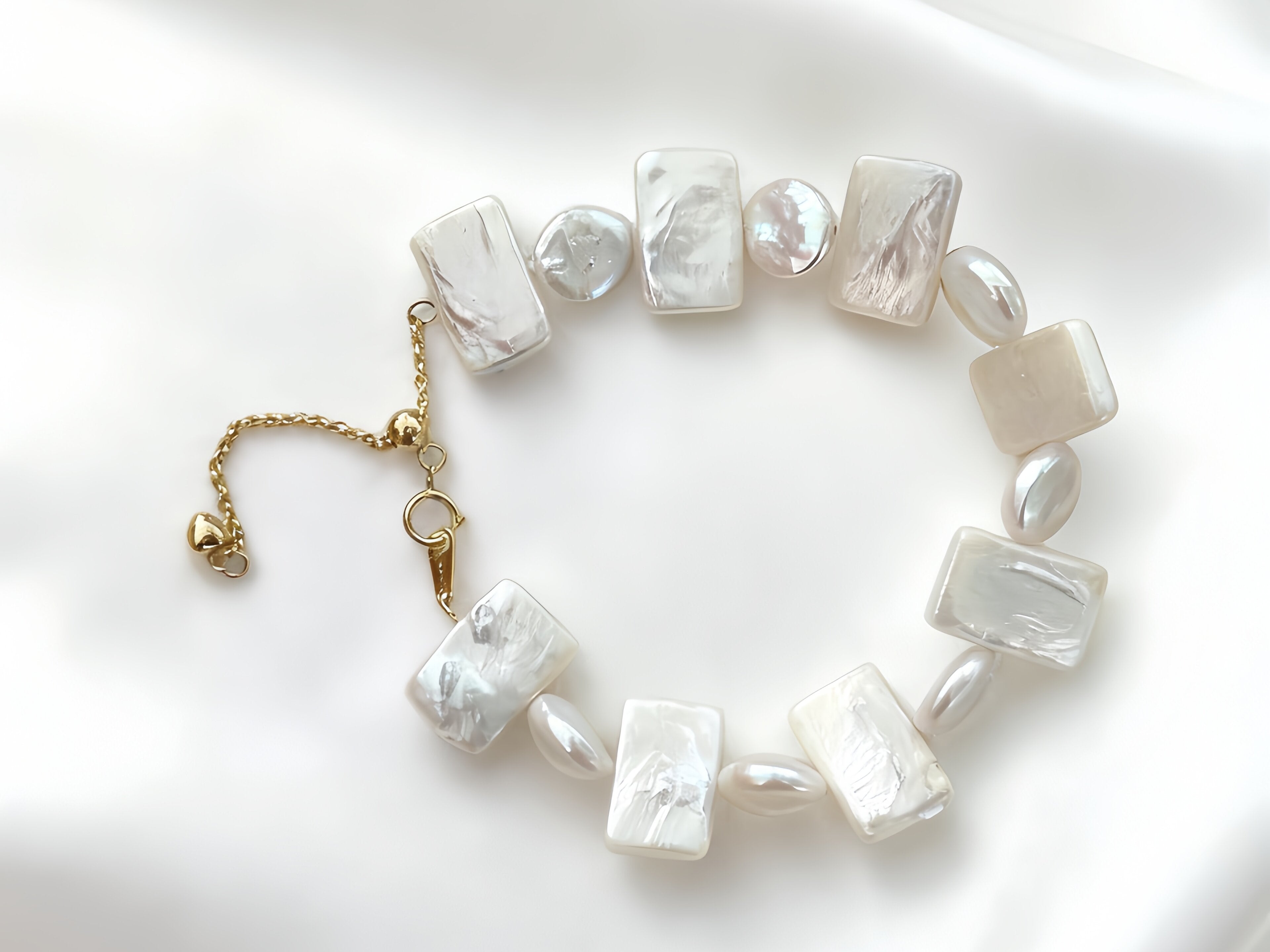 925 Silver With Gold 18K Freshwater Baroque Pearl Round And Square Geometric Bracelet Chain Length 14 + 5 cm