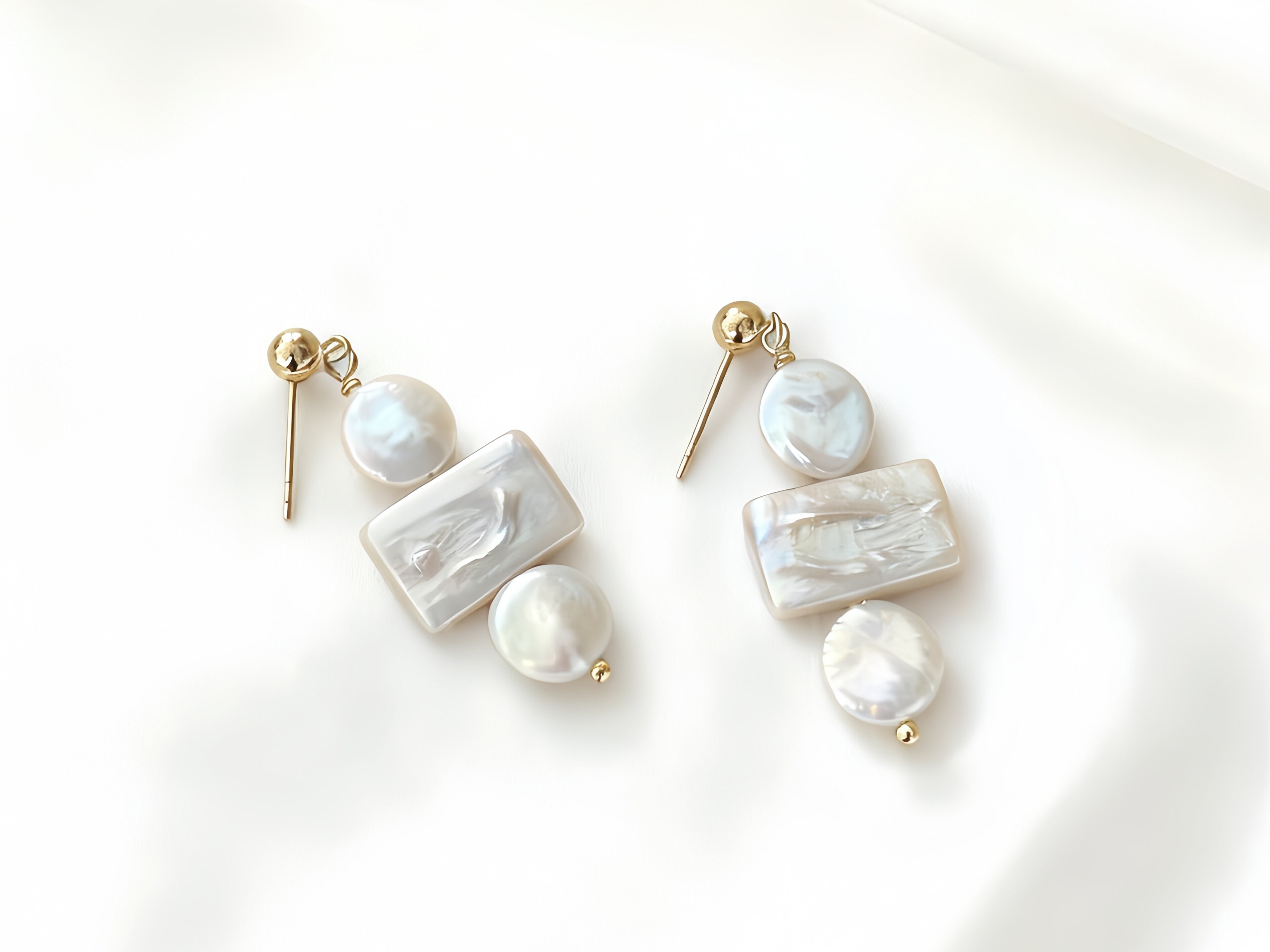 925 Silver With Gold 18K Freshwater Baroque Round Geometric Pearl Earrings