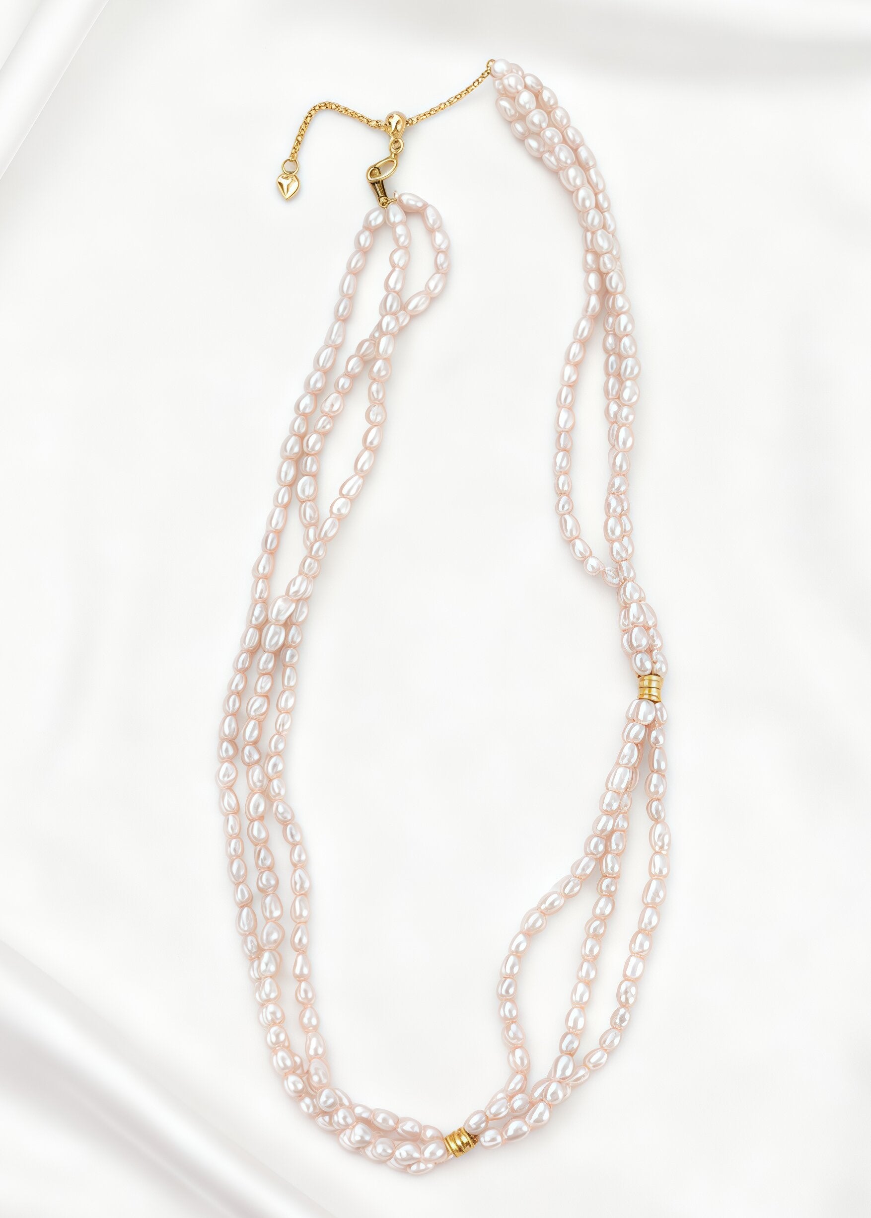 925 Silver With Gold 18K Freshwater Three-Layered Pale Pink Pearl Necklace Chain Length  38 + 5 cm
