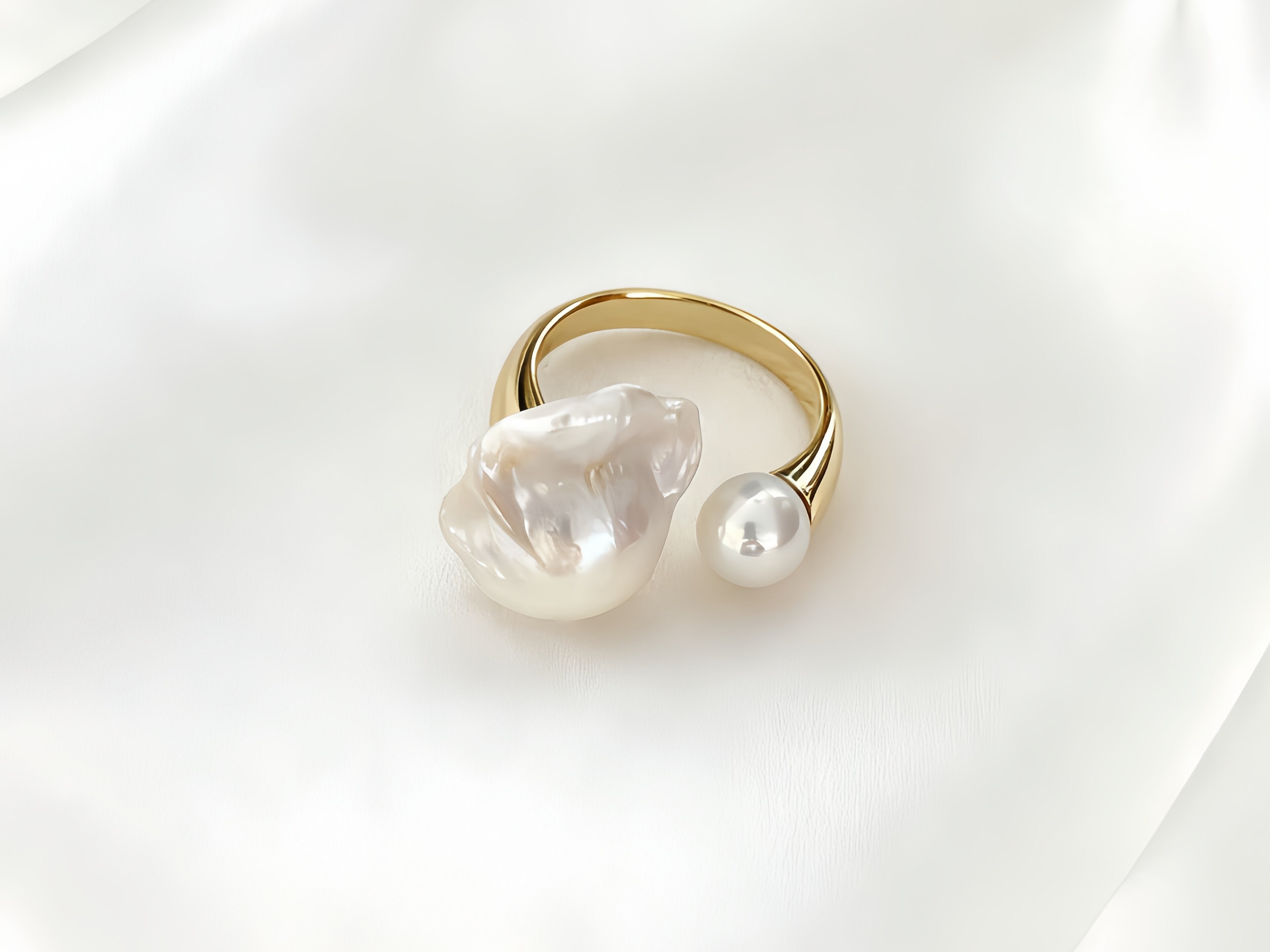 925 Silver Plated With Gold 18K Large Baroque Pearl Open Ring