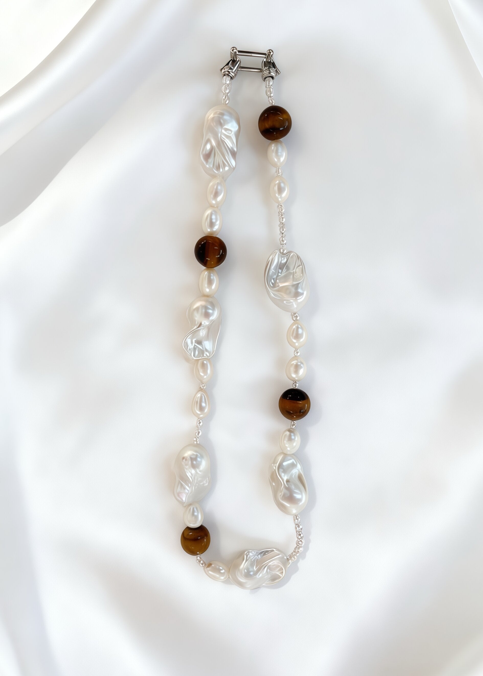 925 Silver Amber Natural Freshwater Double-Baroque Pearl Necklace Chain Length 43 cm Square Clasp