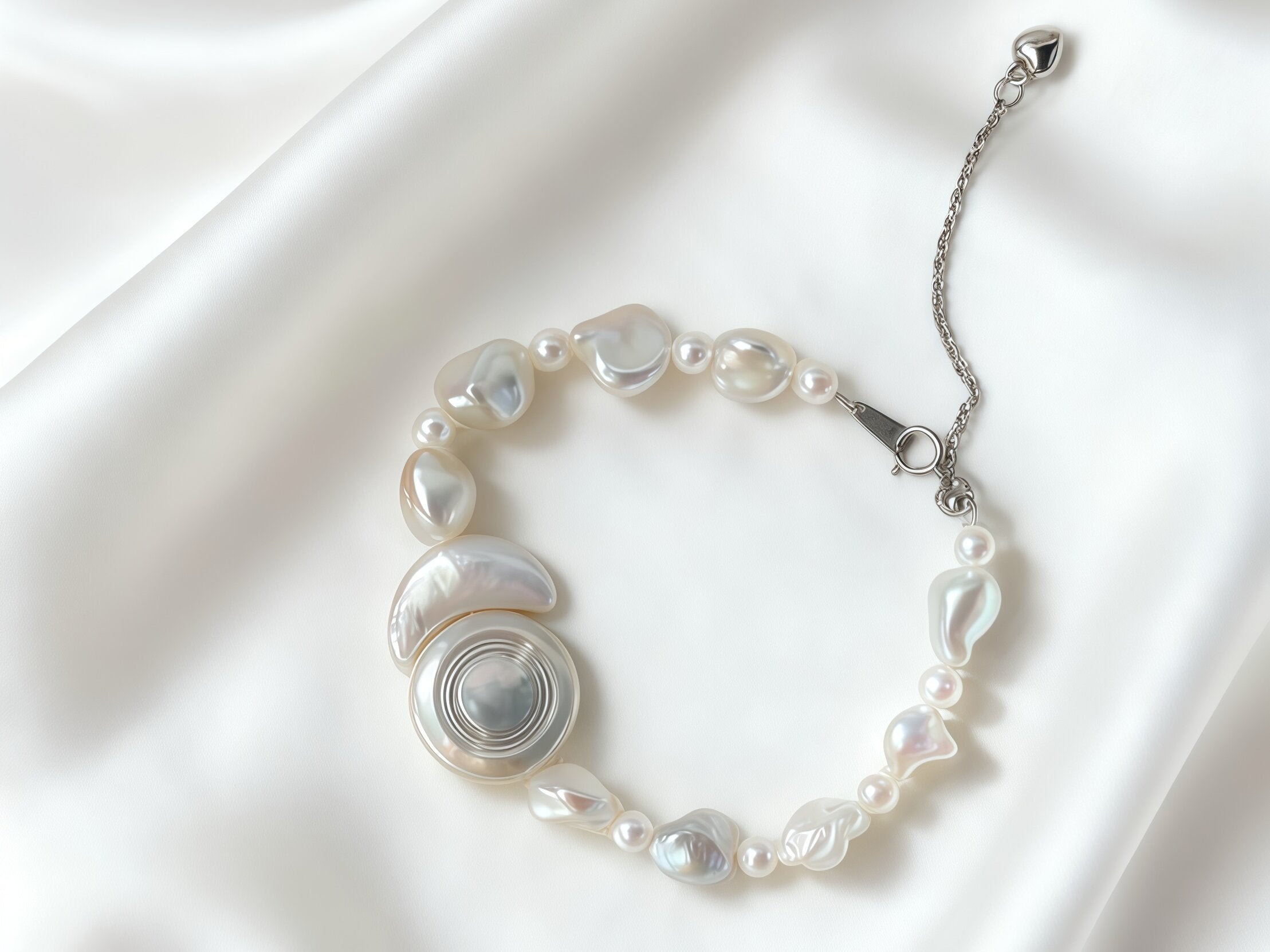 925 Silver Freshwater Baroque Day and Moon Floating Body Bracelet Chain Length: 14.5 + 5 cm